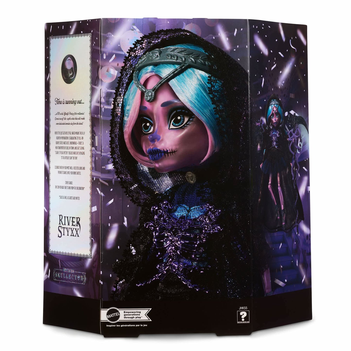 Toy figure in a decorative box with 'River Styxx' branding