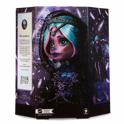 Toy figure in a decorative box with 'River Styxx' branding