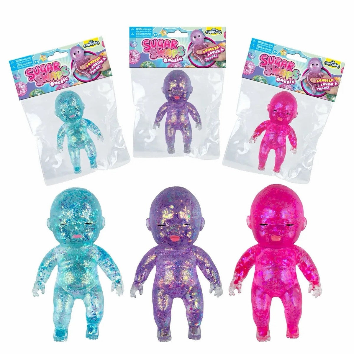Three packaged and three unpackaged glittery baby dolls in blue, purple, and pink, displayed on a white background.