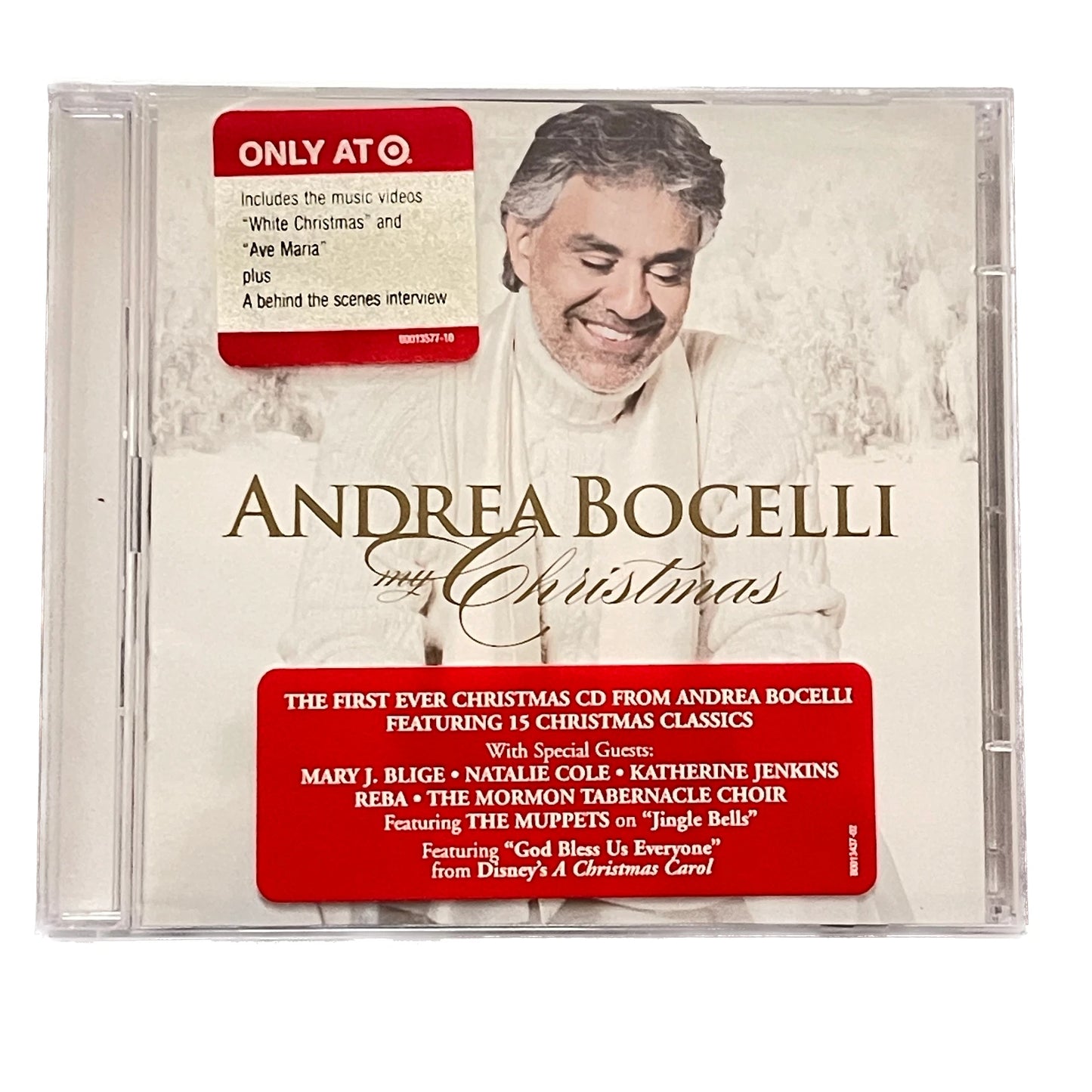 Andrea Bocelli's 'My Christmas' CD packaging with a portrait of Andrea Bocelli on a white background.