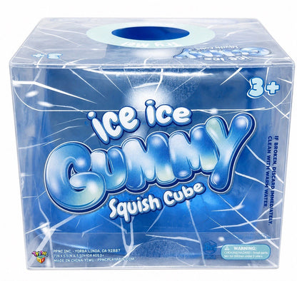 Ice Ice Gummy Squish Cube toy packaging in a clear plastic box with blue graphics and the product name printed prominently on the front.