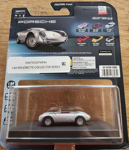 Porsche 1962 Majorette collector series die-cast model car in its original blister packaging, featuring a silver car with red interior details.