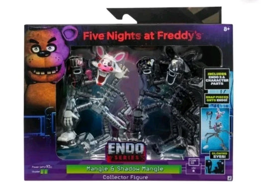 Five Nights at Freddy's Endo Series figure packaging with character illustrations and text.