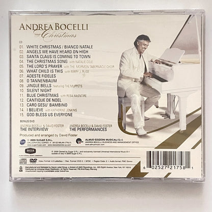 Back cover of Andrea Bocelli's Christmas album with a piano and list of songs.