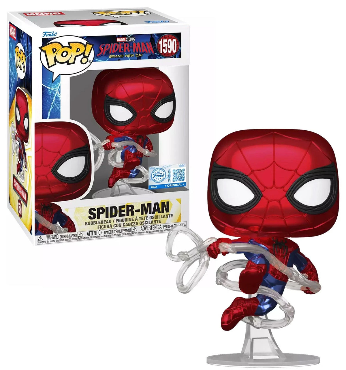 Funko Pop! Marvel Spider-Man vinyl figure number 1590, shown next to its original window box packaging on a white background.