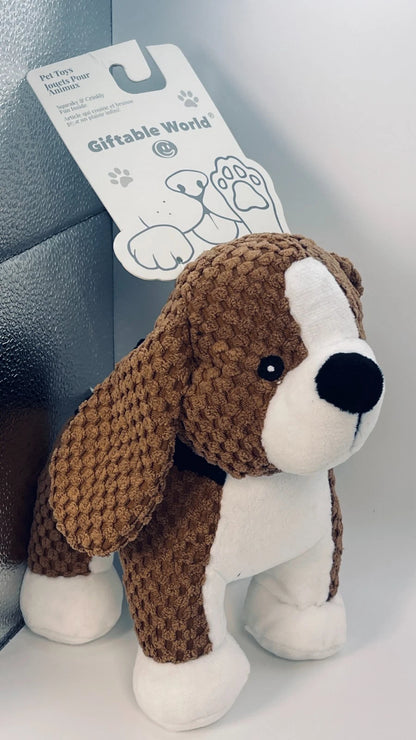 Plush dog toy with a brown and white pattern on a gray background