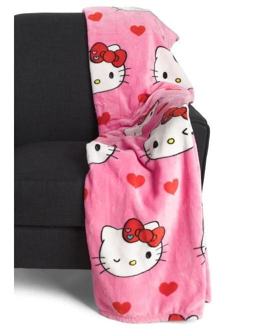 Hello Kitty Pink Blanket With Red Hearts 50" x 70”