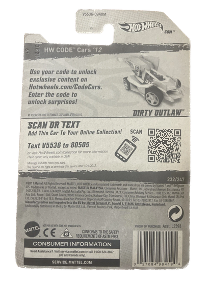 2012 Hot Wheels DIRTY OUTLAW Yellow Green 232/247 GREAT CARD Code Cars