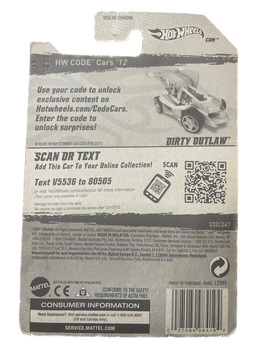 2012 Hot Wheels DIRTY OUTLAW Yellow Green 232/247 GREAT CARD Code Cars