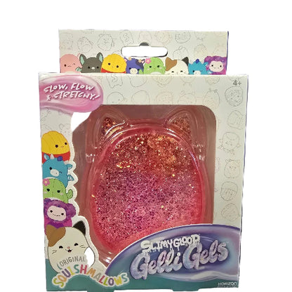 Slimy Gloop Gelli Gels Slow, Flow & Stretchy slime in a cat-shaped packaging, featuring a pink glittery slime inside a clear plastic window on a white box with cartoon characters.