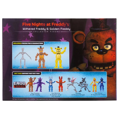 Box for 'Five Nights at Freddy's' collectible figures with character illustrations and packaging design.