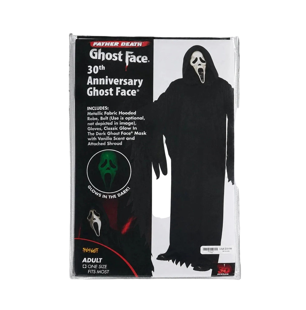 Packaged Ghost Face 30th Anniversary costume by Hot Topic, featuring a black hooded robe and a Ghost Face mask on the front of the retail box.
