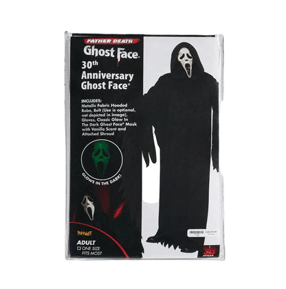 Packaged Ghost Face 30th Anniversary costume by Hot Topic, featuring a black hooded robe and a Ghost Face mask on the front of the retail box.