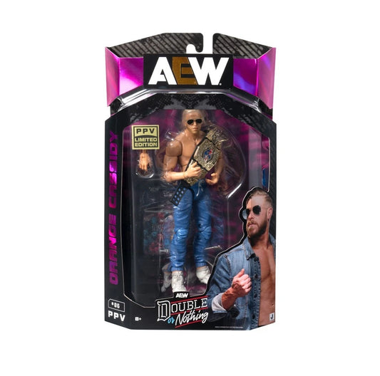 AEW wrestling figure packaging with a character holding a championship belt on a white background