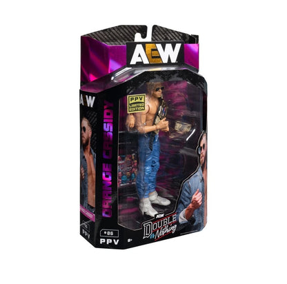 AEW wrestling figure packaging with a character holding a microphone.