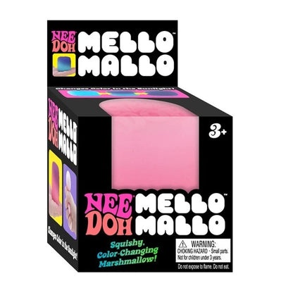 Mello Mallo marshmallow package with pink marshmallow and branding on a white background