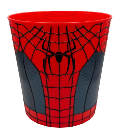 A red and black Spider-Man themed plastic cup with a large spider emblem and web pattern, shown on a plain light background.