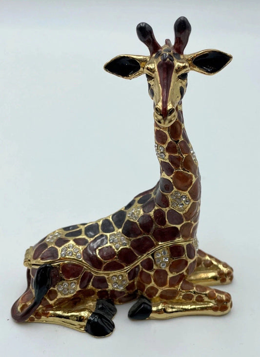 Bejeweled Enamel Metal Gold Tone Hinged Top Magnetic Closure Giraffe Trinket Box