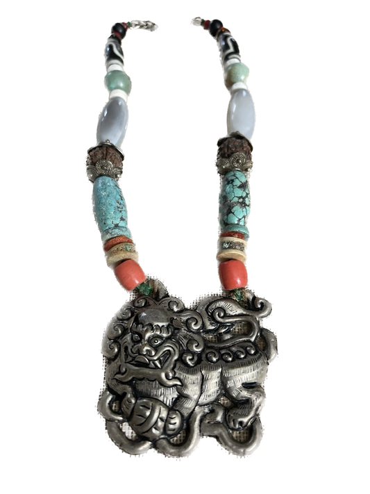 Vintage Chinese DRAGON  Silver Necklace Coral & Carved Shou Bead Cloissone BEADS