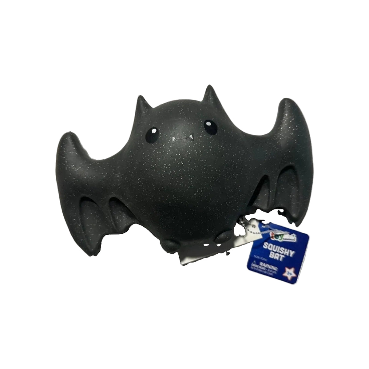 A black glittery squishy bat-shaped novelty item with a small blue 'Squishy Bat' tag attached, photographed on a plain white background.