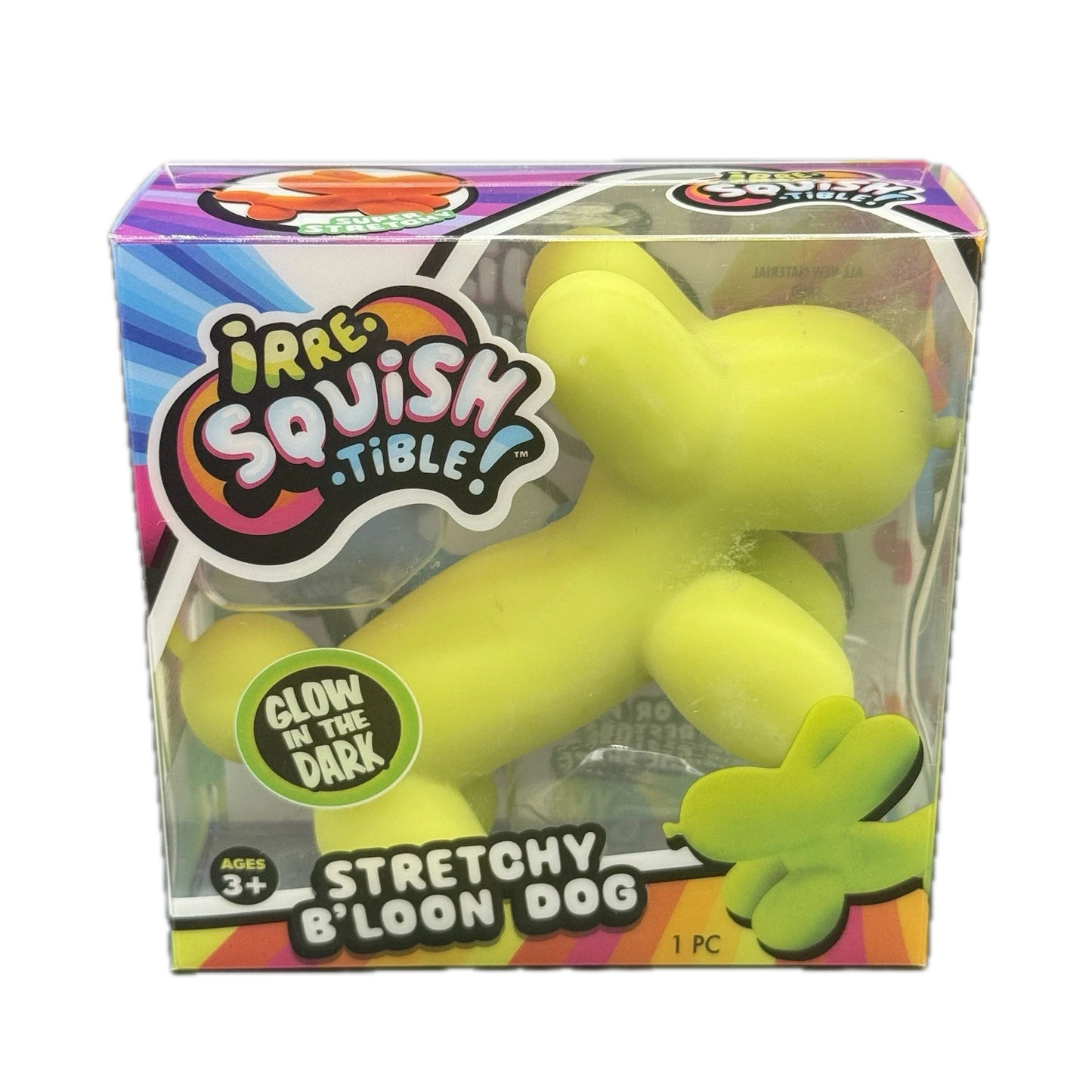 A packaged stretchy dog-shaped squishy toy in bright yellow-green, shown inside its colorful retail box. The box reads 'Irre-Squishy Tittle!' and 'Stretchy B'loon Dog,' with a 'Glow in the Dark' badge.