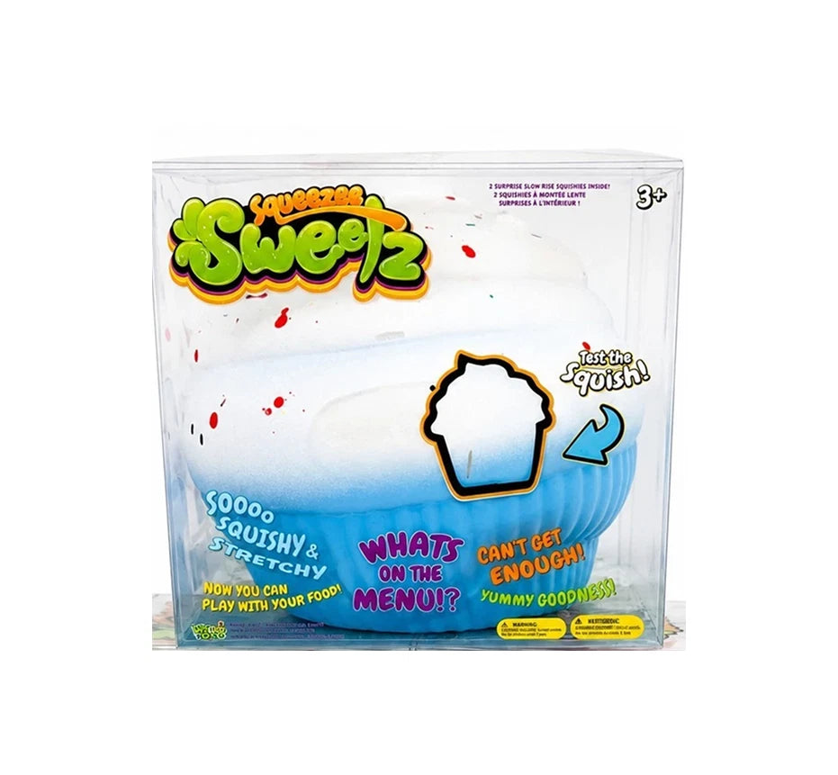 A packaged toy slime called Sweetz by Fun World, shown inside a clear plastic box with colorful printed graphics and a blue-and-white squishy slime visible inside.