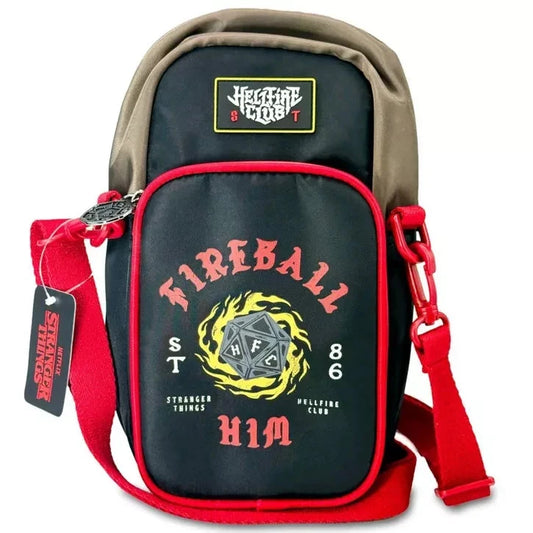 Black bag with red strap featuring 'Fireball' design and Stranger Things tag.