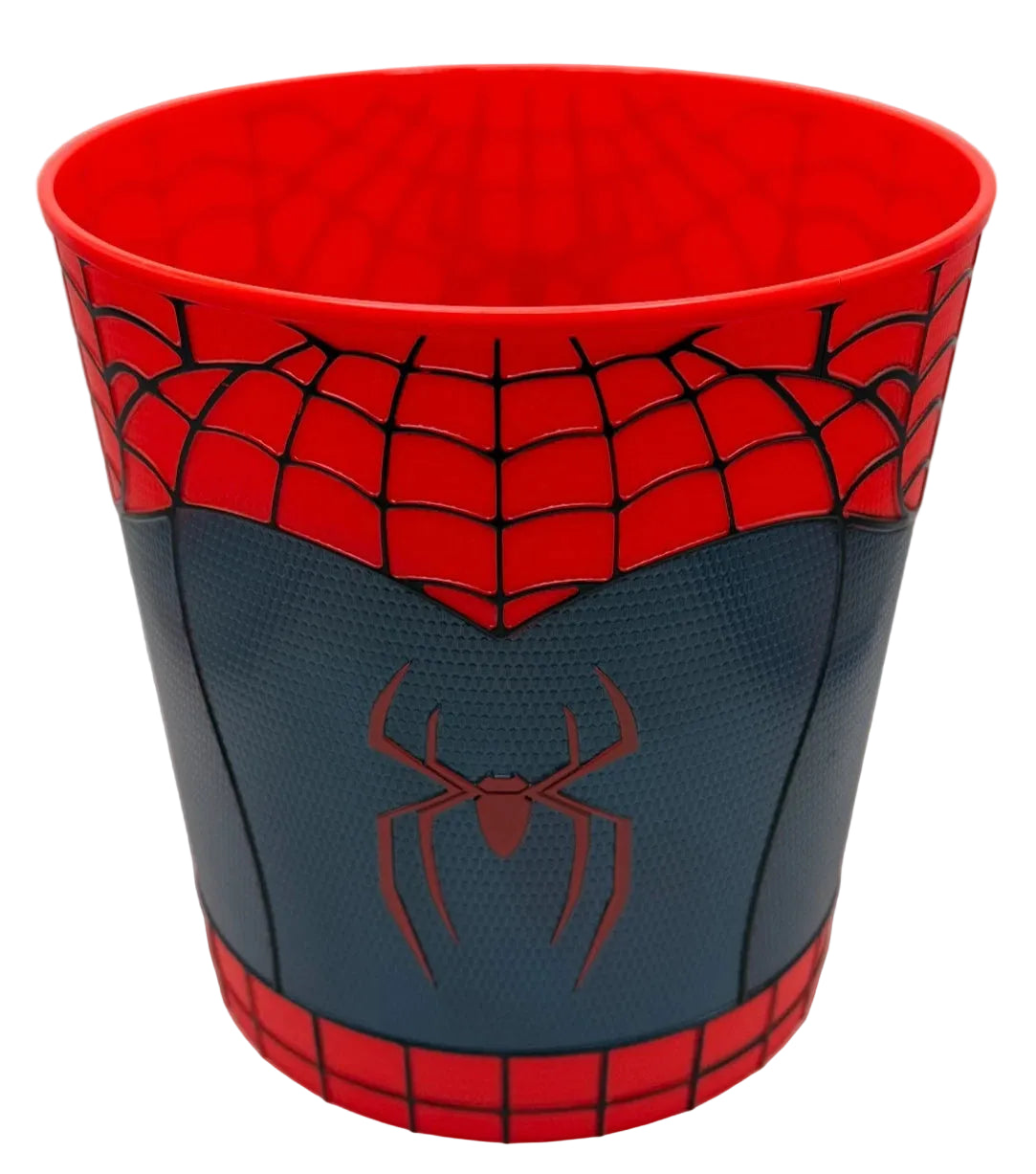A plastic cup designed to look like Spider-Man's suit, featuring red and dark blue sections with black web patterns and a spider logo on the front.