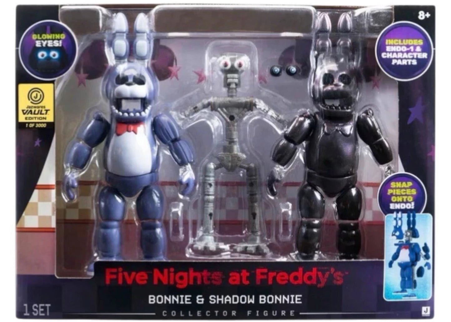 Five Nights at Freddy's Bonnie & Shadow Bonnie collector figure set in retail packaging, featuring a blue-and-white Bonnie figure, a black Shadow Bonnie figure, and a silver robot figure inside a clear blister pack.