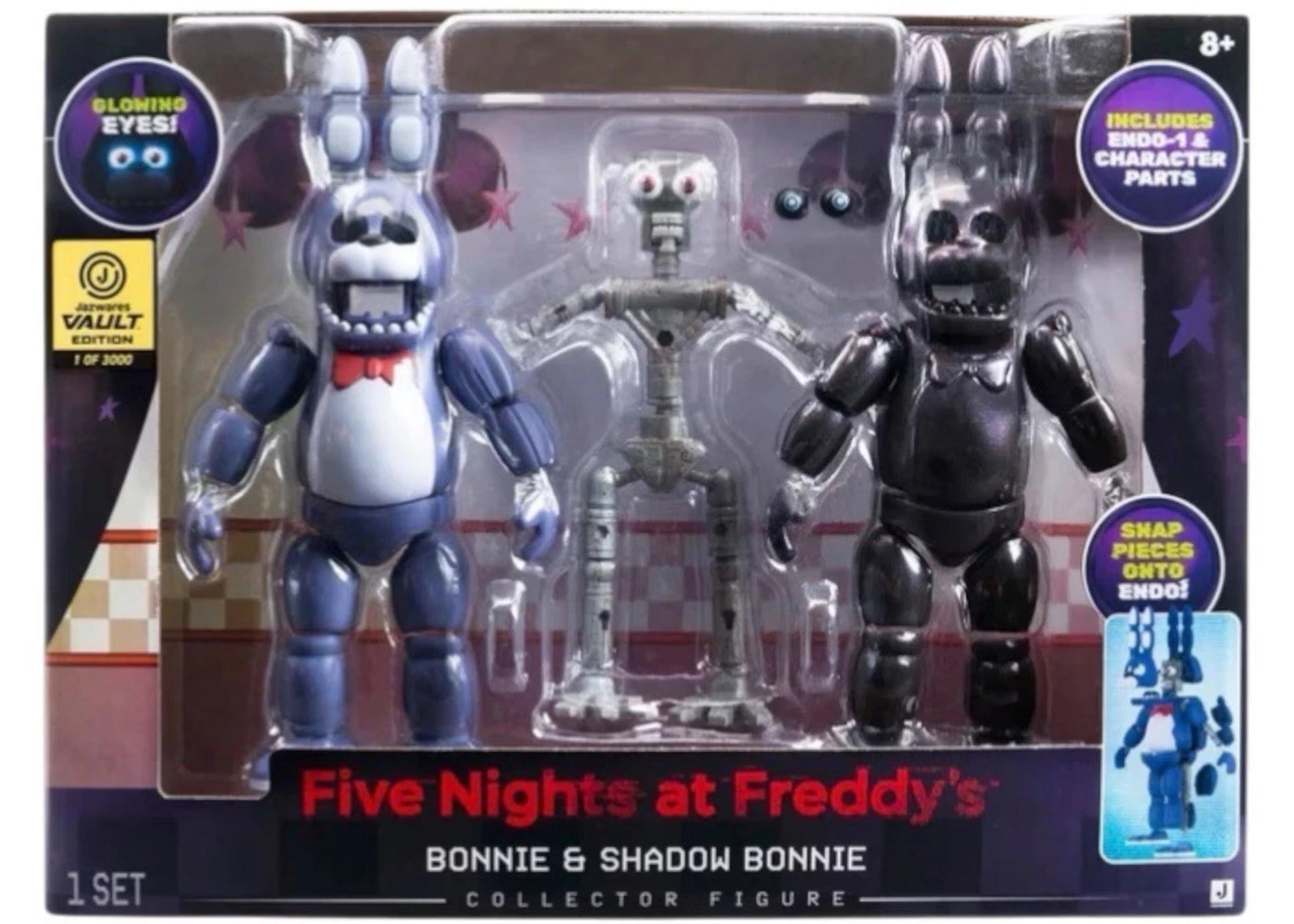 Five Nights at Freddy's Bonnie & Shadow Bonnie collector figure set in retail packaging, featuring a blue-and-white Bonnie figure, a black Shadow Bonnie figure, and a silver robot figure inside a clear blister pack.