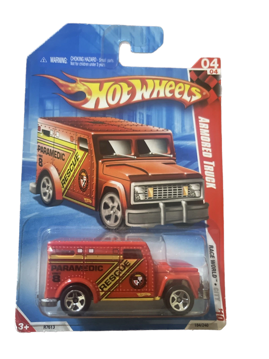 2010 Hot Wheels Race World City 4/4 184 Armored Truck Red 5SP Paramedic
