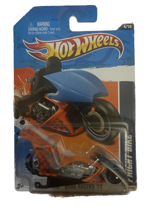 2011 Hot Wheels FRIGHT BIKE HW Drag Racers 4/10 Orange #124 Blue Chrome MC5's