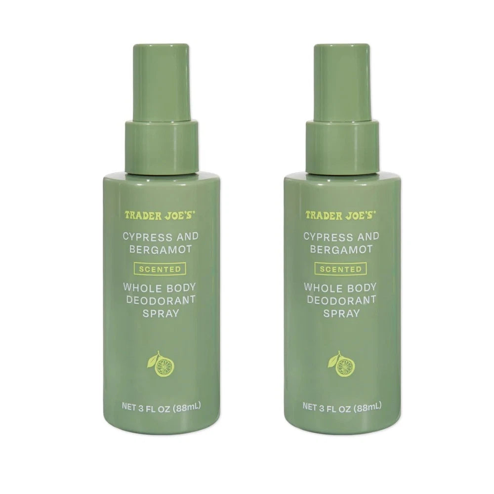 Two green spray bottles of Trader Joe's Cypress and Bergamot Scented Whole Body Deodorant Spray on a white background.