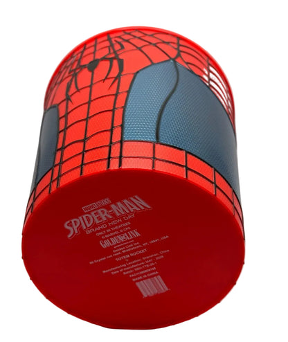A cylindrical Spider-Man themed gift tin or container, shown on its side. The design features the classic red and blue Spider-Man web pattern, with the bottom base printed with 'Marvel's Spider-Man' and 'Gold Medal' text.
