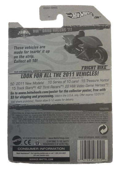 2011 Hot Wheels FRIGHT BIKE HW Drag Racers 4/10 Orange #124 Blue Chrome MC5's
