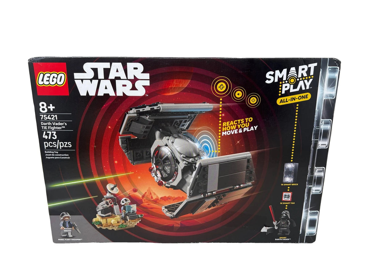 LEGO Star Wars Death Vader TIE Fighter set box, number 75421, featuring a black and gray TIE fighter with red and white graphics on a white background.