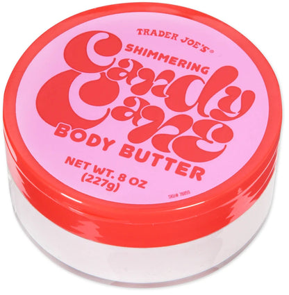Trader Joe's Shimmering Candy Care Body Butter in an 8 oz clear plastic jar with a red lid and pink label.