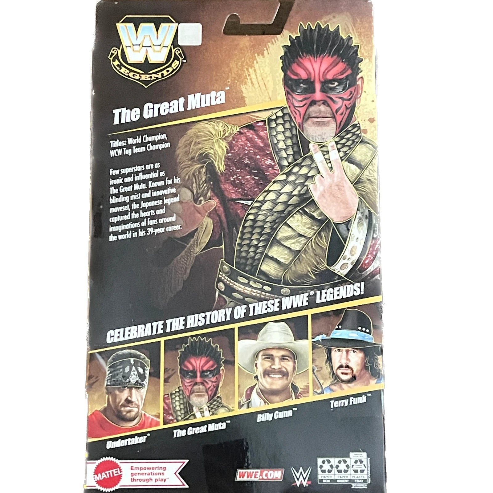 WWE Legends action figure packaging featuring The Great Muta
