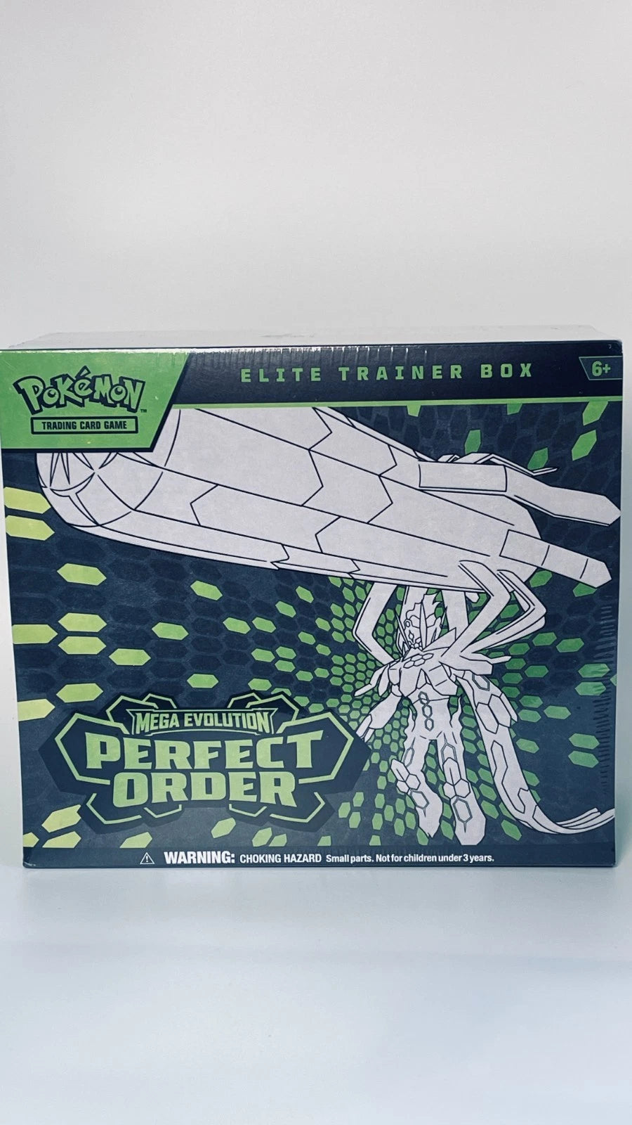 Pokémon trading card game elite trainer box with green and blue design on a white background