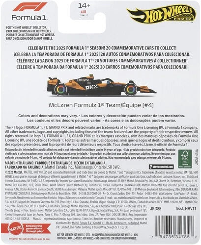 Mattel | Hot Wheels Premium McLaren Formula 1 Team Car | HRV11 | 1:64 Scale Die-Cast