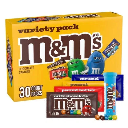 M&M's Variety 30 Pack, Full Size Packs, Peanut, Milk Chocolate, Mini's, Caramel