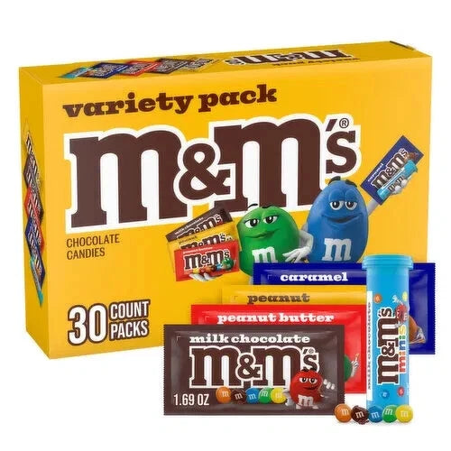 M&M's Variety 30 Pack, Full Size Packs, Peanut, Milk Chocolate, Mini's, Caramel