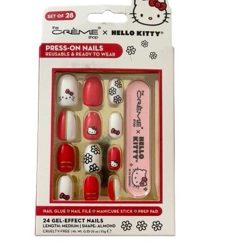 Creme Shop HELLO KITTY Red White Bow Face Set Of 28 Gel Press On Nails NEW