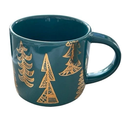 2015 Starbucks Mug 14 Oz.  Green & Gold Trees Christmas Edition