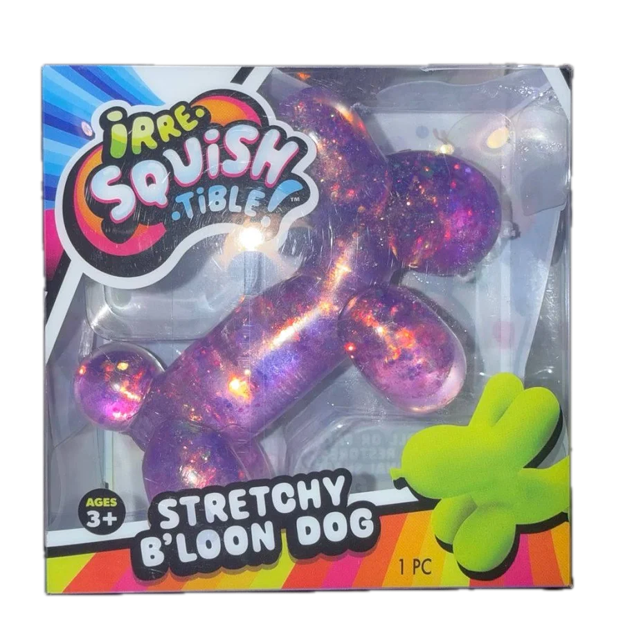 A packaged pet toy shaped like a balloon dog, shown in its retail box. The toy is translucent and filled with purple, pink, and orange glitter.