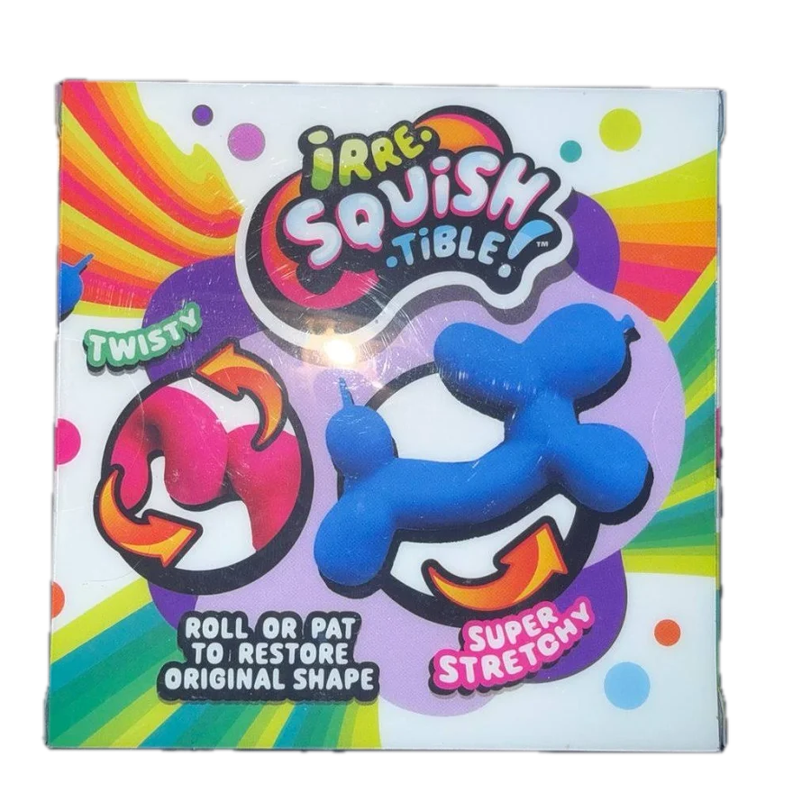 A square box of Irre-Squish Tible! twisty balloon animals, featuring a blue balloon dog and a pink balloon figure on a colorful rainbow background.