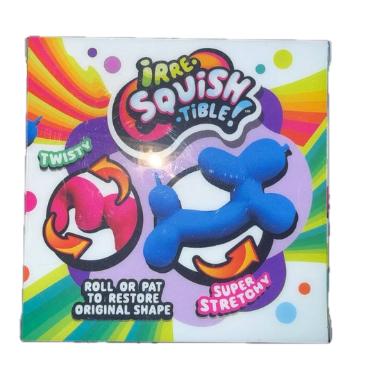 A square box of Irre-Squish Tible! twisty balloon animals, featuring a blue balloon dog and a pink balloon figure on a colorful rainbow background.