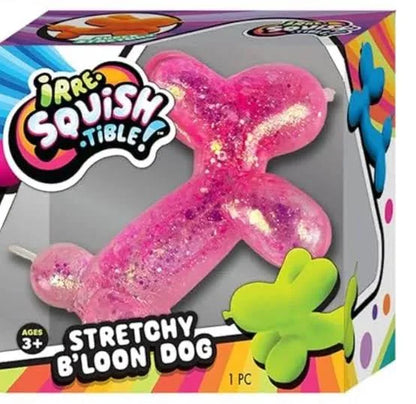 A boxed toy dog-shaped balloon animal labeled 'Irre Squeish Tible' and 'Stretchy B'loon Dog,' shown in retail packaging with a pink glittery stretchy dog toy visible through the front window.