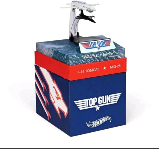 Top Gun F-14 Tomcat and MIG-28 toy model set in its original display box, featuring a Hot Wheels logo on the packaging.