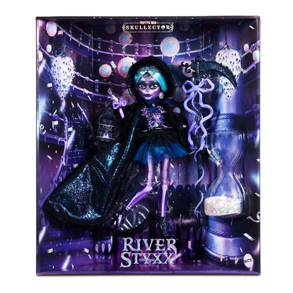Doll with blue hair and black outfit in a decorative box with 'River Styxx' branding.